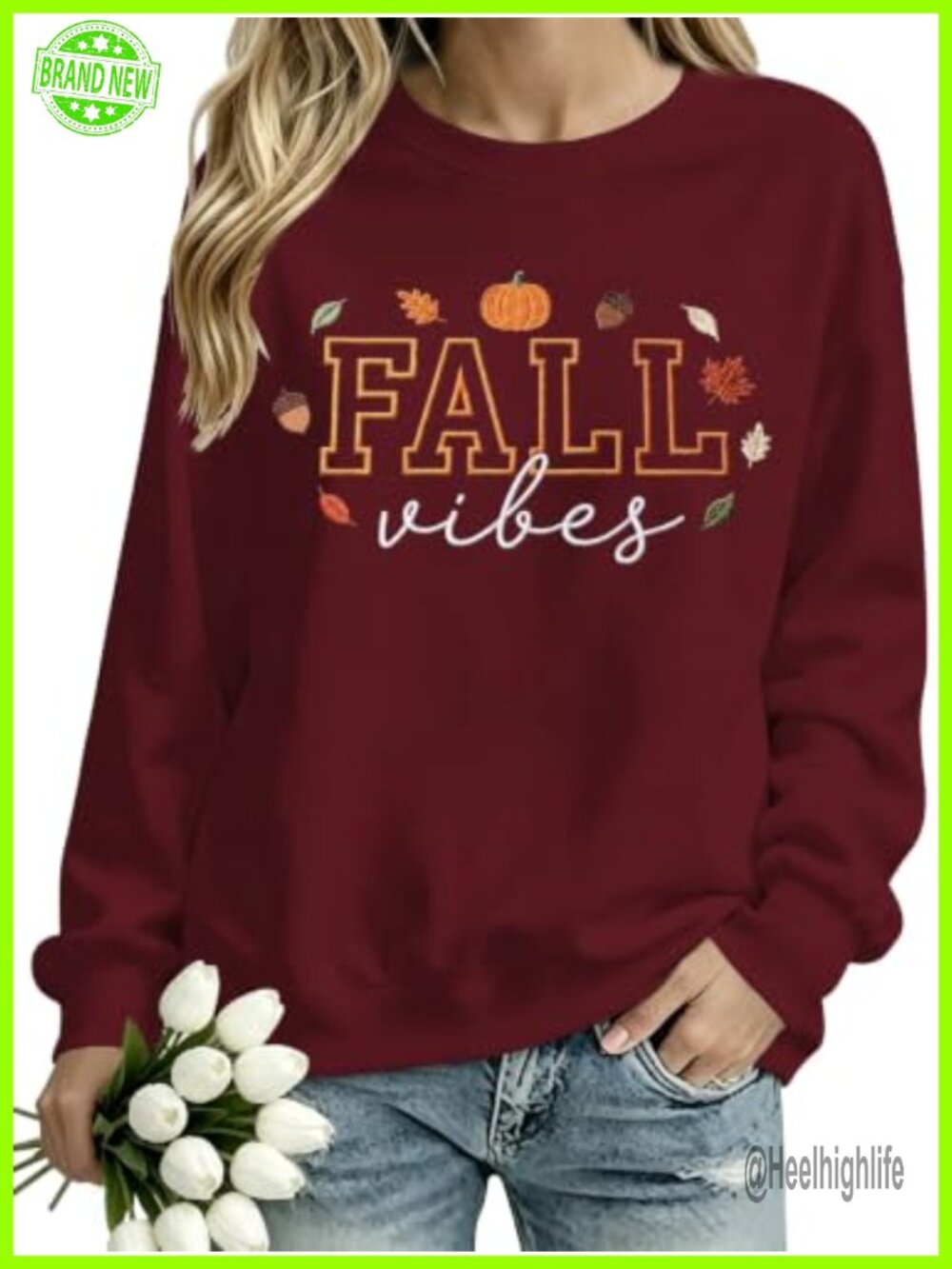 Womens Thanksgiving Embroidered Long Sleeve Crew Neck Pullover Sweatshirt - Picture 1 of 5